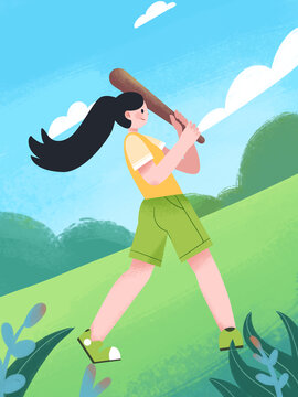 运动人物草地上女孩打棒球