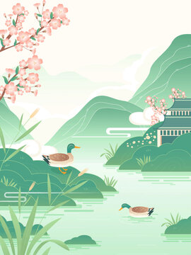 中国风山水庭院湖面青头鸭
