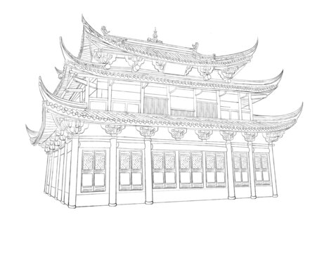 古代建筑白描线稿