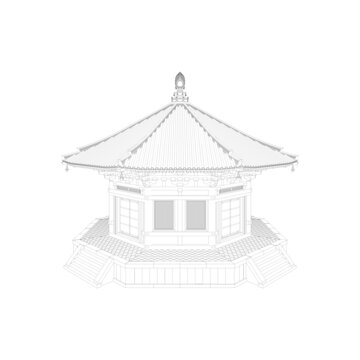唐风佛殿轴测线稿图