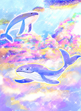 梦幻鲸鱼云端手绘插画背景素材
