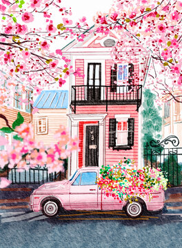 情人节樱花送花粉色街景门口