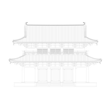 日式五间楼阁正立面线稿图