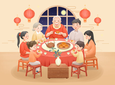 中秋节一家人聚餐喝茶吃月饼