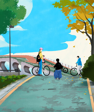 母子家庭骑自行车清新手绘插画