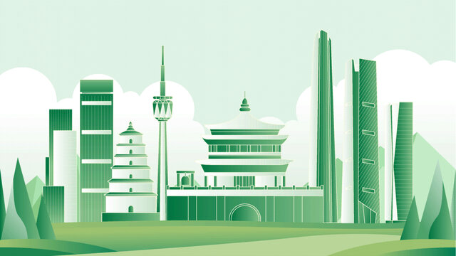 西安绿色旅游城市插画