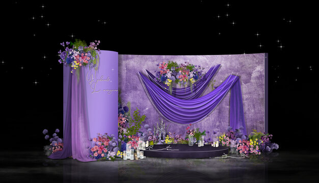 紫色油画婚礼迎宾区合影区