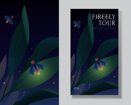 唯美夜间发光萤火虫栖息在绿叶上海报模板