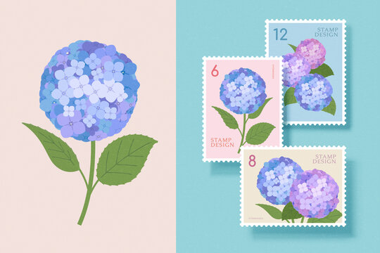 精致绣球花邮票集与隔离在浅粉色背景元素