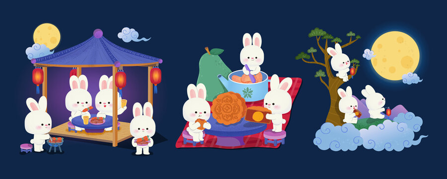 白兔家族欢乐赏月聚会度中秋插图集合