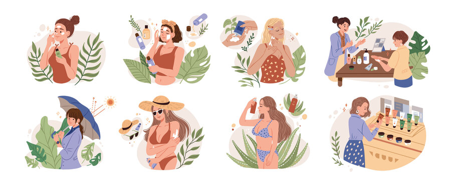 夏日女人防晒与购买保养品日常插画集合