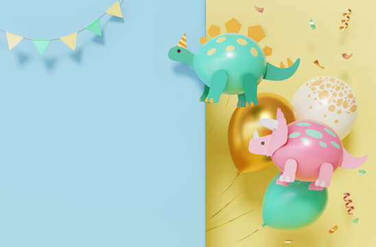 蓝黄背景上的恐龙造型派对气球与彩纸装饰