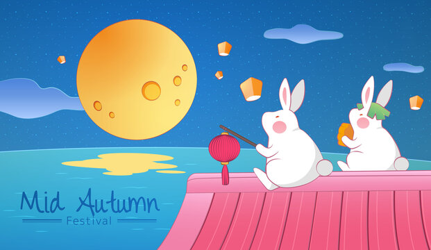 卡通中秋节卡片 吃月饼与提灯笼的赏月玉兔