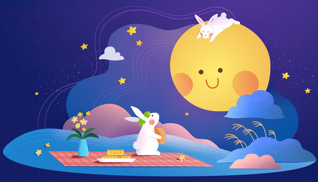 童趣中秋节横幅 户外赏月的玉兔与月亮对望