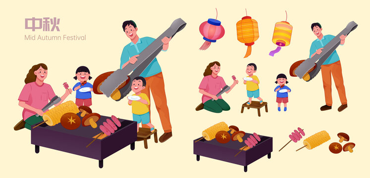 欢乐烧烤派对元素集合 家人烤串食材与灯笼