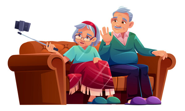 卡通风年迈的夫妻在沙发上自拍插图