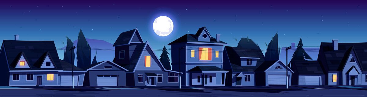 星空下郊区并排房子的街道插图