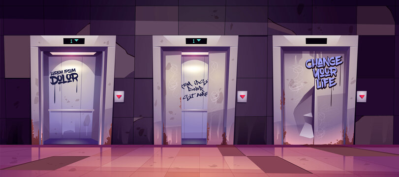 大厅里故障与正常的涂鸦旧电梯插图