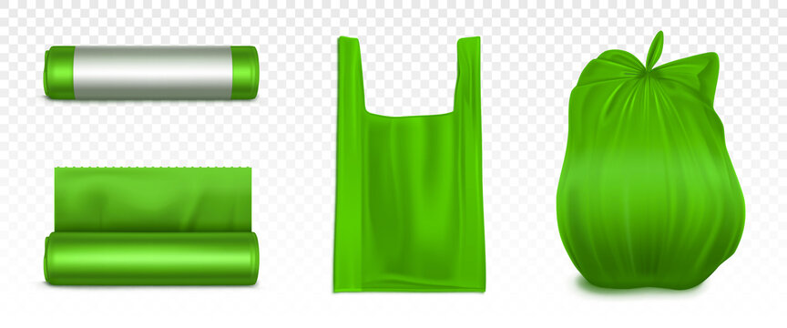 渲染垃圾袋与有提把的绿色塑料袋