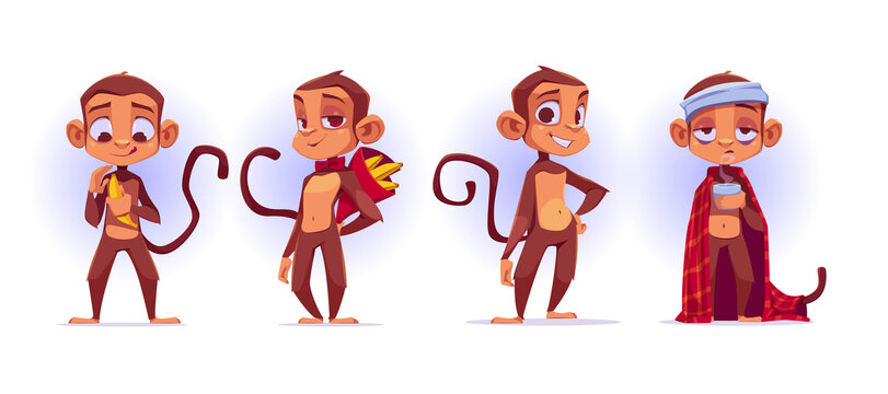 可爱猴子角色展现四种情绪