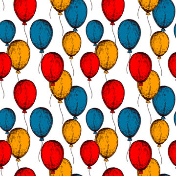 复古红蓝黄气球无缝背景插图 嘉年华派对