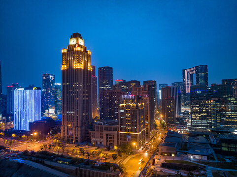 成都高新区高楼建筑夜景