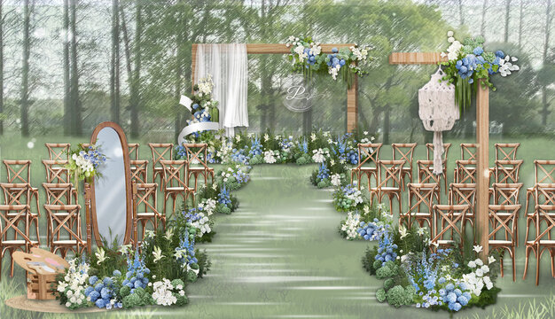 白绿蓝户外草坪婚礼效果图