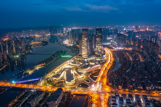 航拍湖南长沙岳麓区城市夜景