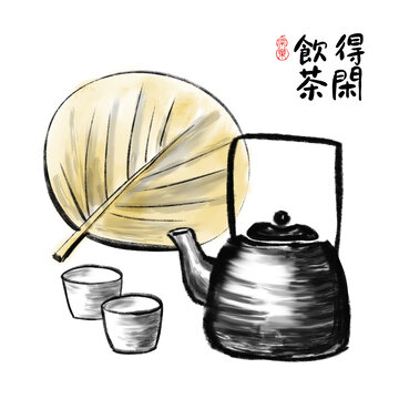 茶壶茶文化主题水墨画