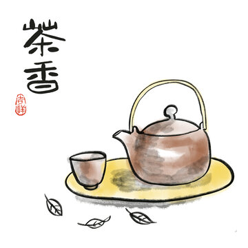 茶壶茶文化主题水墨画