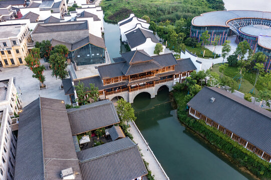 航拍湖南长沙洋湖水街景观