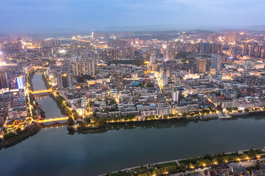 航拍湖南邵阳城市夜景风光