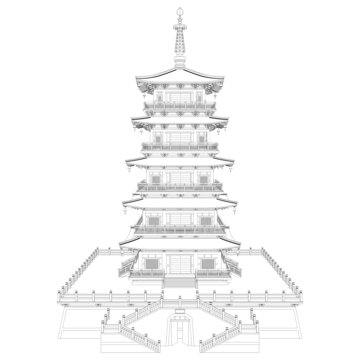 中式唐塔立面线稿图