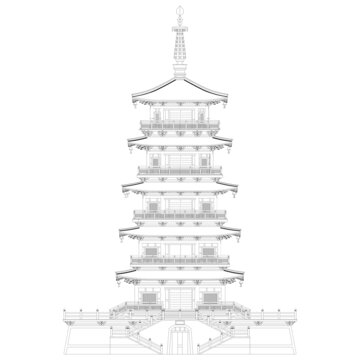 中式唐塔正立面线稿图