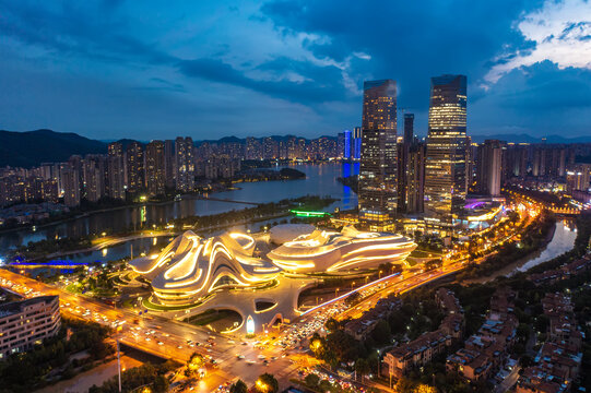 航拍湖南长沙梅溪湖夜景