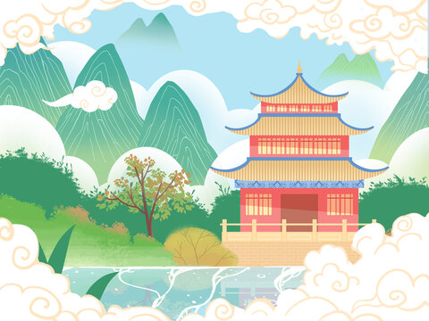 国潮插画古楼植物山水风景