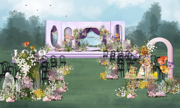 紫色户外婚礼舞台效果图