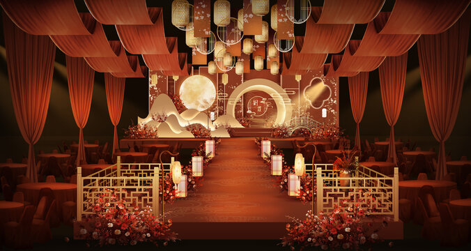 香槟红色新中式婚礼效果图