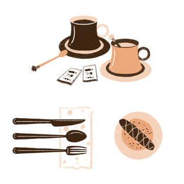 插画下午茶咖啡杯面包刀叉子