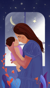 夜晚温馨母亲抱着婴儿插画