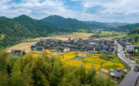 航拍湖南通道横岭侗寨秋收稻田