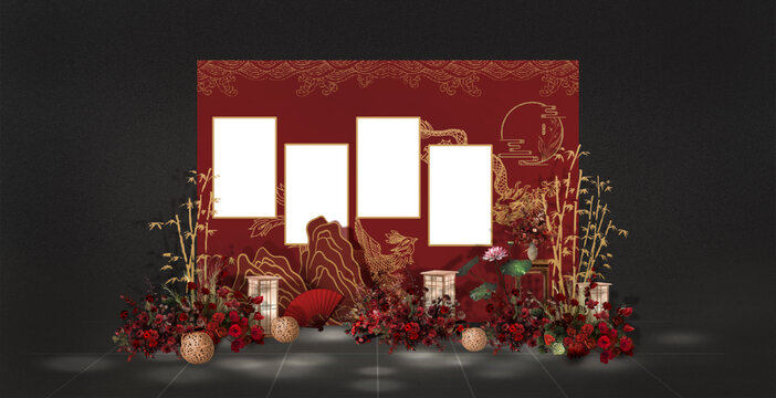 红金中式婚礼照片墙效果图