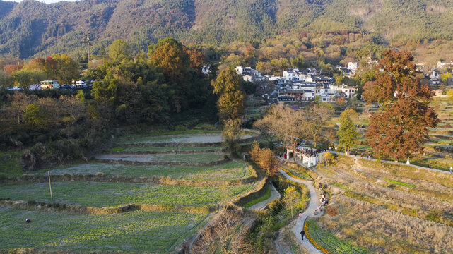 航拍山村田野