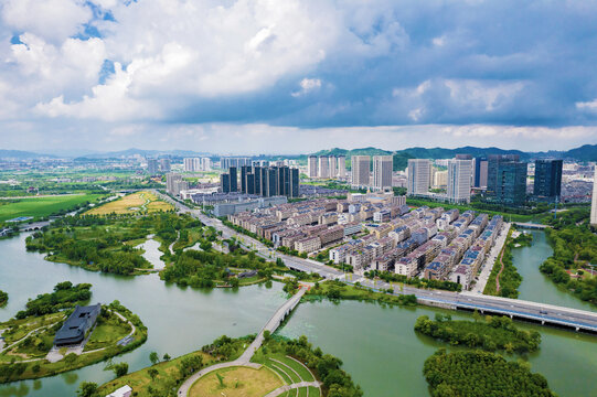 台州温岭九龙湖城市风光航拍