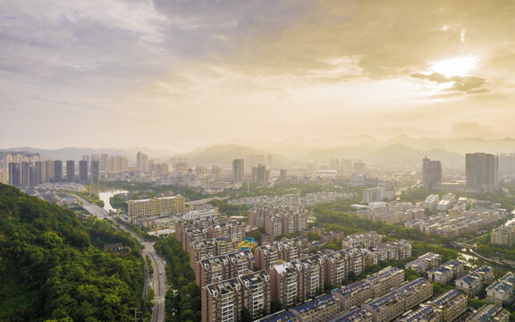 晨光下的温岭城市风光航拍