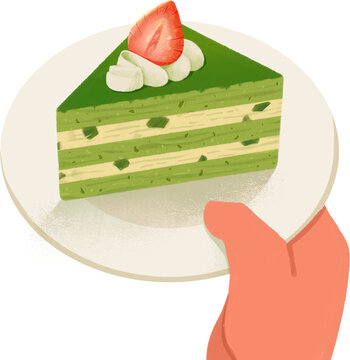 手拿绿色草莓抹茶蛋糕食品元素