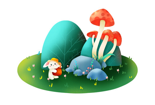 肌理植物场景采蘑菇的小兔子