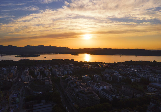 杭州西湖风景区暮色日落