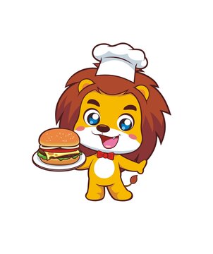 卡通可爱小狮子厨师端汉堡