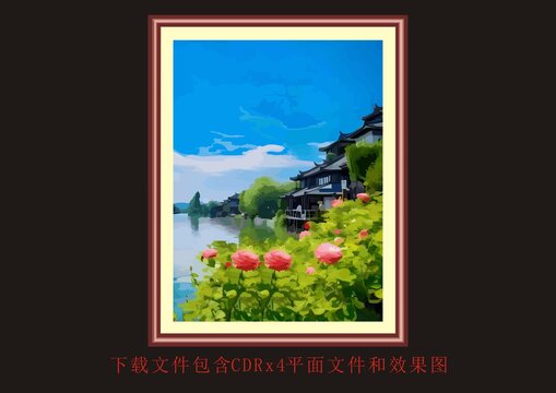 玫瑰楼阁小木屋风景装饰画